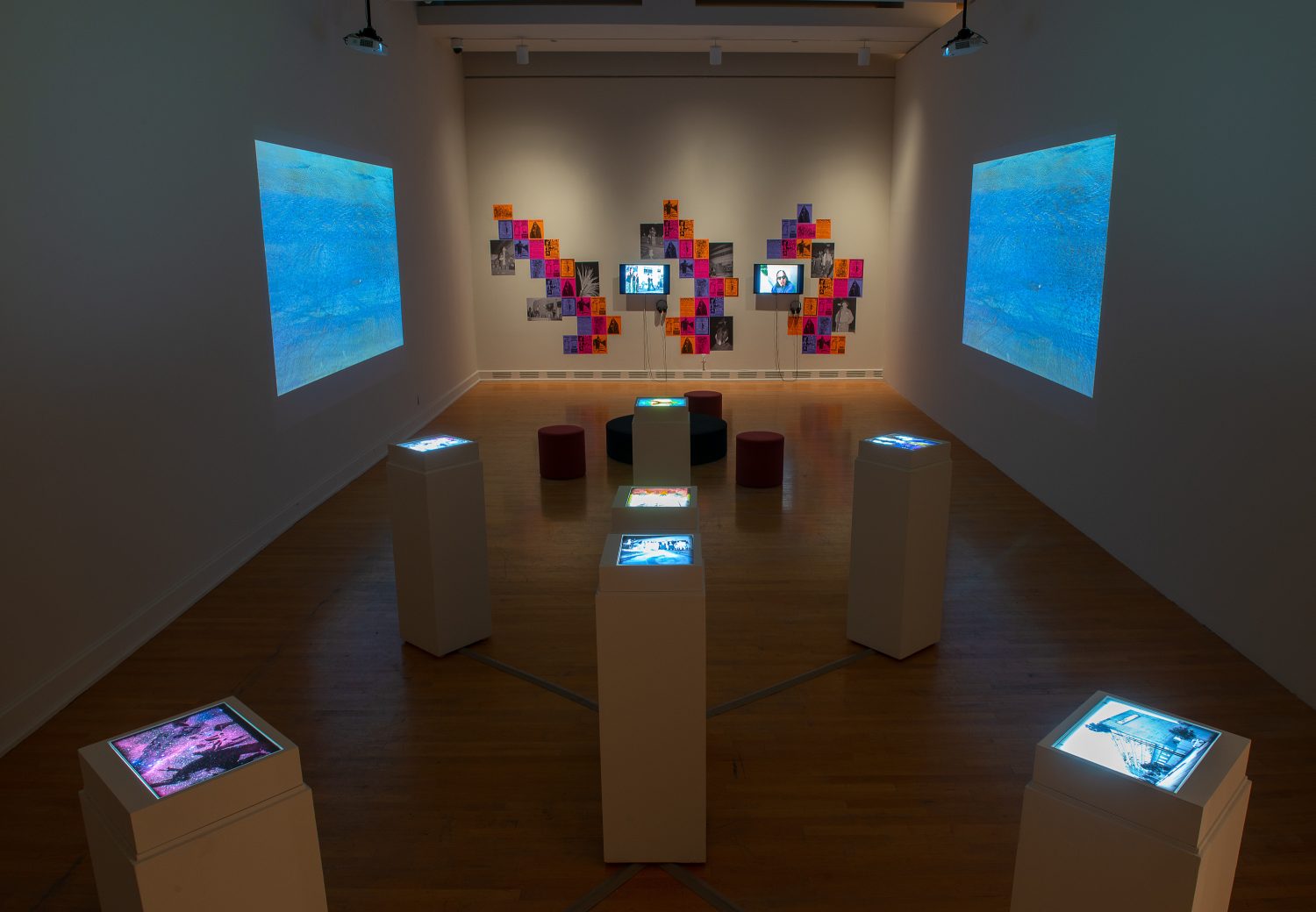 Sandra de la Loza, “Unsettling the Settled: Archival Glimpses of Abolitionist Futures,” 2021–ongoing, two-channel video, works on paper, light boxes. On view in “Undoing Time: Art and Histories of Incarceration” at the ASU Art Museum. Photo by Craig Smith