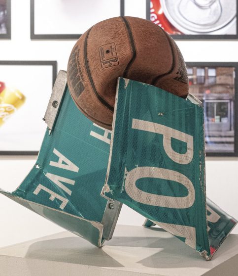 DeShawn Oravetz, Streetball, 2019. Mixed media sculpture, 19 x 27 x 5 x 28 inches. Courtesy of the artist
